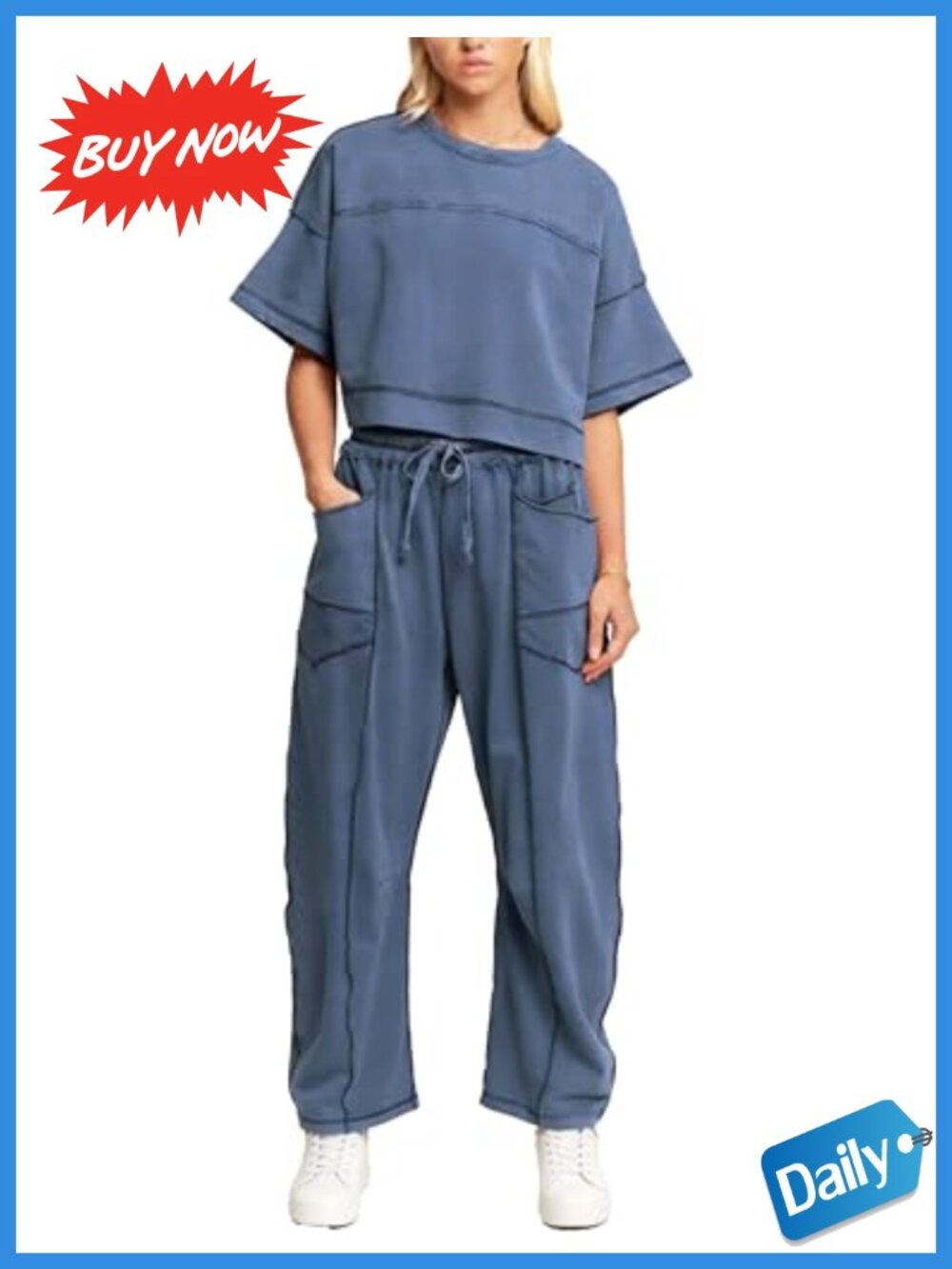 Two Piece Lounge Set Cotton Blend Boxy Top Barrel Pants Casual